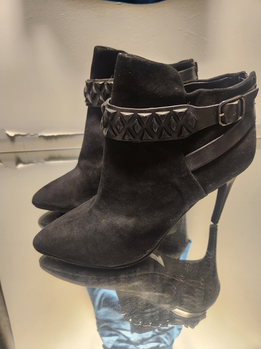 Black Suede Pointed Ankle Booties with Studded Strap